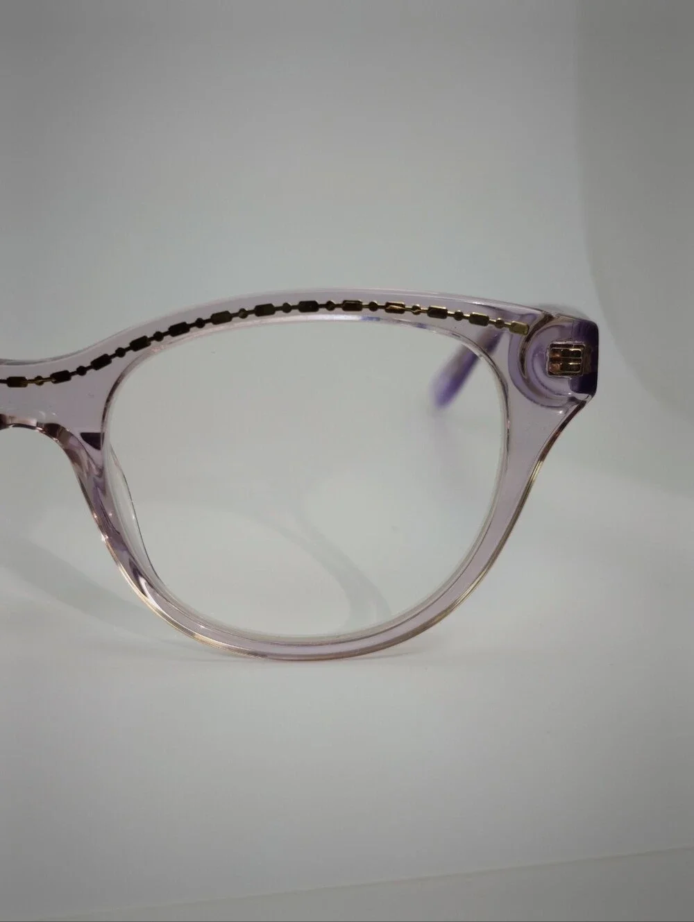 Arcady. Women's Fashion Eyeglasses - Light Lavender Frame Gold Inserts.